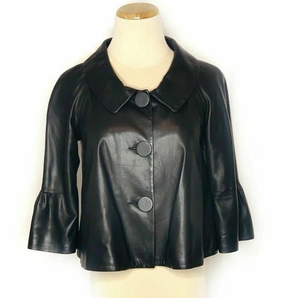 THEORY Black Button Up Bell Sleeves Koster Light Soft Leather Blazer Jacket S - Picture 1 of 16